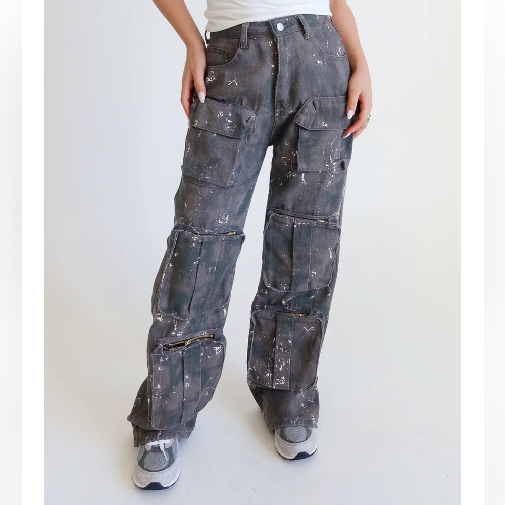 Gray Cargo Pants with Paint Splatter